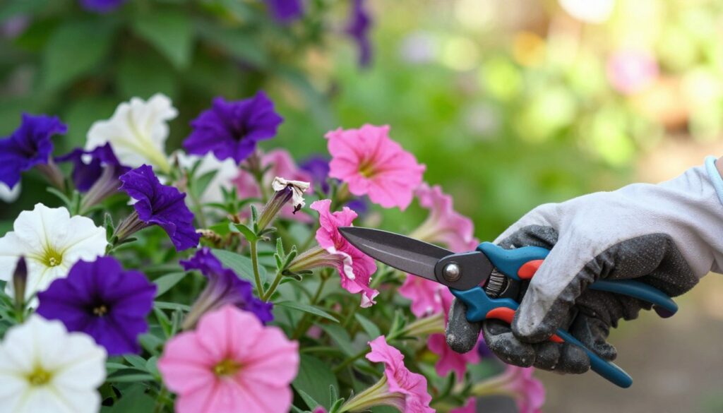 A vibrant garden scene featuring a close-up of a hand gently pruning petunia stems with a pair of garden shears. The hand is wearing modest gardening gloves, showcasing the action of cutting off wilted blooms and encouraging new growth. In the foreground, colorful petunias in various shades of purple, pink, and white create a lively and cheerful atmosphere. In the middle ground, a lush green backdrop of leaves enhances the focus on the flowers and the pruning process. Soft, dappled sunlight filters through the foliage, creating a warm, inviting mood. The composition is balanced, with a blurred garden landscape in the background, emphasizing the act of caring for plants. The overall image conveys an essence of nurturing and the importance of regular maintenance for flowering beauty.
