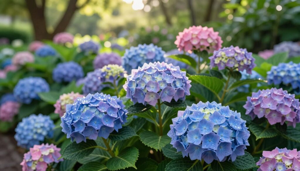 A vibrant garden scene featuring a lush display of hydrangeas (hortensje ogrodowe) in full bloom. In the foreground, focus on several clusters of large, round flower heads in shades of blue and pink, their petals soft and delicate with droplets of dew glistening in the morning light. The middle ground should showcase more hydrangea plants interspersed with green foliage, emphasizing the varied colors and intricate shapes of their blooms. In the background, a slightly blurred garden setting with soft sunlight filtering through a canopy of trees creates a serene atmosphere. Capture the rich texture of the flowers, and use a shallow depth of field to highlight the hydrangeas, creating an inviting and tranquil mood, perfect for illustrating expert gardening advice.