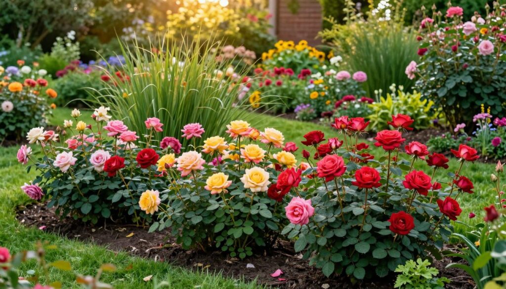 A vibrant garden scene featuring a variety of ornamental plants, emphasizing the beauty of roses in full bloom amidst lush greenery. In the foreground, showcase intricate details of blooming roses in shades of red, pink, and yellow, surrounded by rich foliage. The middle layer includes ornamental grasses and some flowering perennials, creating a tapestry of colors and textures. The background displays a soft-focus garden with sunlight filtering through, casting a warm glow over the scene. Use warm, natural lighting to enhance the colors of the flowers and leaves. The overall atmosphere should feel serene and inviting, evoking a sense of tranquility and beauty associated with well-cared-for garden plants.