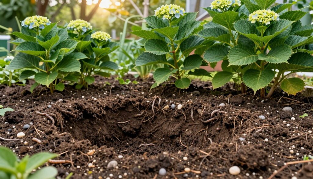 A vibrant garden scene featuring rich, well-structured soil ideal for planting hydrangeas (hortensjas). In the foreground, focus on a freshly dug planting hole, surrounded by dark, loamy soil full of organic matter, small pebbles, and earthworms, emphasizing its nutrient-rich composition. In the middle ground, showcase healthy hydrangea plants with their lush green leaves and budding flowers ready for planting, suggesting the nurturing environment. In the background, depict soft, diffused sunlight filtering through leafy branches, creating a warm and inviting atmosphere. Capture the scene with a slight top-down angle to highlight the texture of the soil and the vibrancy of the plants, evoking a sense of preparation and growth in the garden. A vibrant garden scene featuring rich, well-structured soil ideal for planting hydrangeas (hortensjas). In the foreground, focus on a freshly dug planting hole, surrounded by dark, loamy soil full of organic matter, small pebbles, and earthworms, emphasizing its nutrient-rich composition. In the middle ground, showcase healthy hydrangea plants with their lush green leaves and budding flowers ready for planting, suggesting the nurturing environment. In the background, depict soft, diffused sunlight filtering through leafy branches, creating a warm and inviting atmosphere. Capture the scene with a slight top-down angle to highlight the texture of the soil and the vibrancy of the plants, evoking a sense of preparation and growth in the garden.