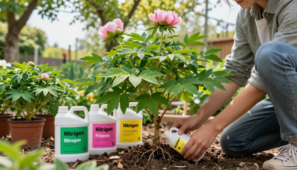 A vibrant garden scene focuses on a peony plant, lush with deep green leaves but lacking blossoms. In the foreground, a gardener in modest casual clothing kneels, gently applying a balanced fertilizer to the soil around the roots. The middle ground features various potted plants showcasing nitrogen, phosphorus, and potassium-rich fertilizers, visually labeled by color—green for nitrogen, pink for phosphorus, and yellow for potassium. The background is filled with a serene view of a sunny sky peeking through leafy trees, casting soft dappled light onto the scene. The atmosphere is calm and nurturing, highlighting the importance of fertilization in plant care, with a warm, inviting color palette that enhances the natural beauty of the garden.