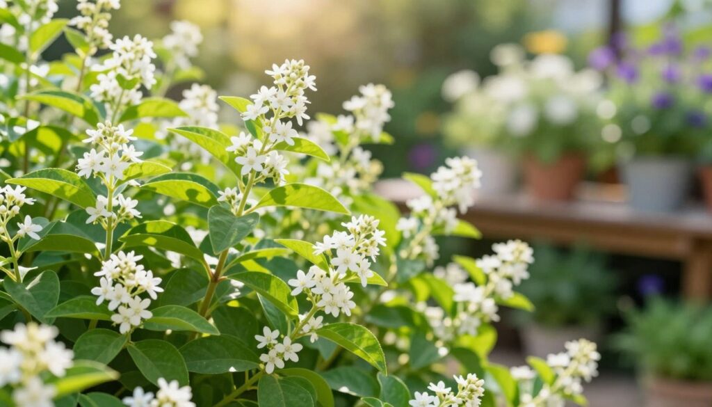 A vibrant garden scene highlighting the lemon verbena plant (Aloysia citrodora), with its lush green leaves and delicate clusters of small white flowers in the foreground. The middle ground captures the sunlight filtering through the leaves, creating a warm and inviting atmosphere. In the background, softly blurred floral arrangements showcase other aromatic plants, enhancing the freshness of the image. The lighting is bright and natural, mimicking a sunlit afternoon, with a shallow depth of field to emphasize the verbena. This composition should evoke a sense of tranquility and refreshing citrus aroma, perfectly illustrating the essence of lemon verbena. The overall mood is bright, cheerful, and invigorating, inviting viewers to imagine the uplifting scent of the garden.