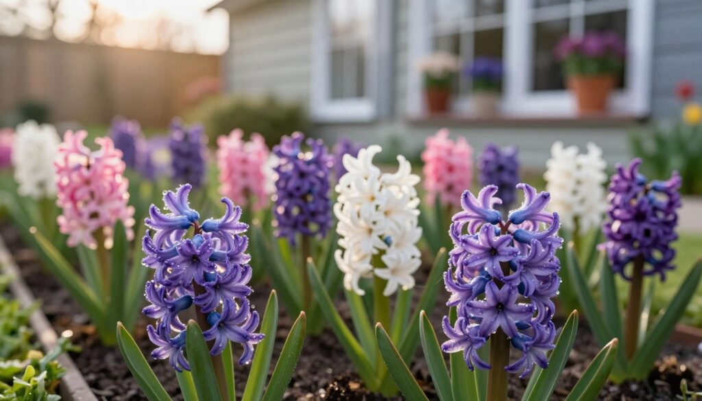 A vibrant garden scene in early spring featuring blooming hyacinths of various colors, such as purple, pink, and white. In the foreground, a close-up of fresh hyacinth blossoms with morning dew glistening on their petals. The middle ground showcases a lush garden setting with neatly arranged flower beds filled with more hyacinths surrounded by green foliage. In the background, a cozy home can be seen with large windows, hinting at indoor pots of hyacinths in bloom by the windowsill. The lighting is warm and soft, capturing the golden glow of the morning sun, creating an inviting and serene atmosphere. The composition should be inviting and fresh, encouraging a sense of seasonal renewal and beauty.