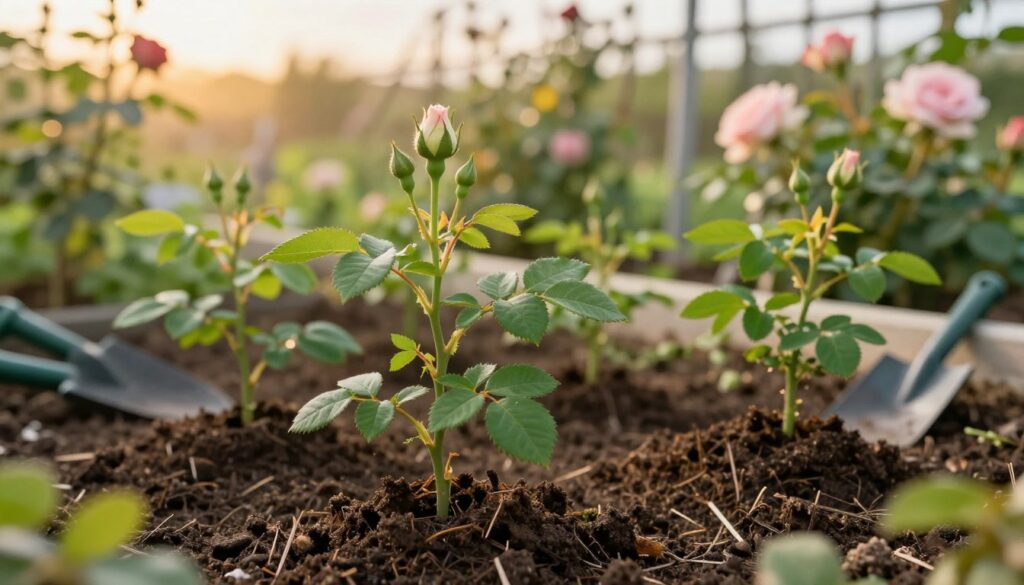A vibrant garden scene showcasing a semi-woody rose cutting, prominently positioned in the foreground, with lush green leaves and delicate, fresh buds indicating youthful vitality. The middle ground features several other similar cuttings, highlighting a range of sizes and stages of growth, nestled in rich, dark soil. In the background, blurred garden tools and a trellis with blooming roses create a warm, inviting atmosphere. The lighting is soft, with the golden hues of a late afternoon sun casting gentle shadows. The image should evoke a sense of tranquility and fertility, emphasizing the beauty of nature and the nurturing process of propagation, captured with a shallow depth of field for a dreamy effect.