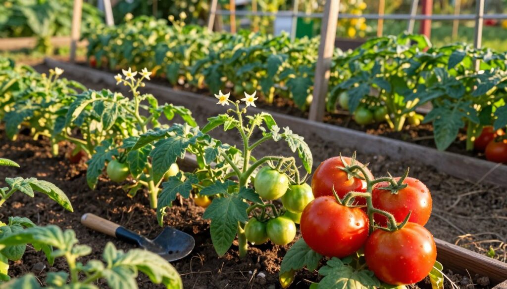 A vibrant garden scene showcasing a variety of tomato plants at different growth stages. In the foreground, ripe red tomatoes are ready for harvest, glistening under the warm golden sunlight. The middle ground features green tomato plants with both blossoms and small green tomatoes, clearly illustrating the process of growth. In the background, rows of neatly organized tomato plants thrive in a garden setting with a wooden trellis supporting them. Soft-focus elements like gardening tools and soil add context, creating a nurturing atmosphere. The sunlight casts gentle shadows, enhancing the richness of the red, green, and earthy tones. The composition is framed from a slightly elevated angle, inviting viewers into the gardening experience. Ideal for an article about planting and caring for tomatoes.
