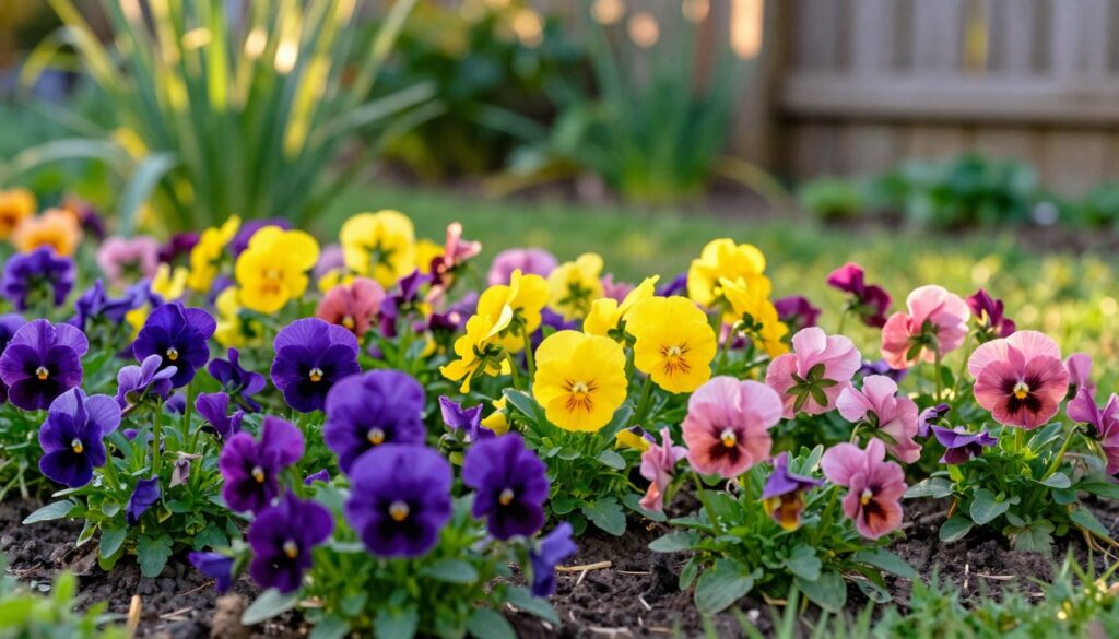 A vibrant garden scene showcasing a well-maintained flower bed of colorful pansies (bratki) in full bloom. In the foreground, the pansies display a rich variety of hues — deep purples, bright yellows, and soft pinks — creating a lively tapestry. The middle ground features healthy green foliage and subtle ornamental edges, emphasizing the plants' thriving condition. In the background, a serene, softly blurred garden backdrop with lush greenery and a hint of a wooden fence enhances the natural setting. The scene is illuminated by warm, golden hour sunlight, casting gentle shadows and highlighting the texture of the petals and leaves. The overall mood is uplifting and harmonious, illustrating an ideal growing position for pansies that promotes longevity and abundant flowering. A vibrant garden scene showcasing a well-maintained flower bed of colorful pansies (bratki) in full bloom. In the foreground, the pansies display a rich variety of hues — deep purples, bright yellows, and soft pinks — creating a lively tapestry. The middle ground features healthy green foliage and subtle ornamental edges, emphasizing the plants' thriving condition. In the background, a serene, softly blurred garden backdrop with lush greenery and a hint of a wooden fence enhances the natural setting. The scene is illuminated by warm, golden hour sunlight, casting gentle shadows and highlighting the texture of the petals and leaves. The overall mood is uplifting and harmonious, illustrating an ideal growing position for pansies that promotes longevity and abundant flowering.