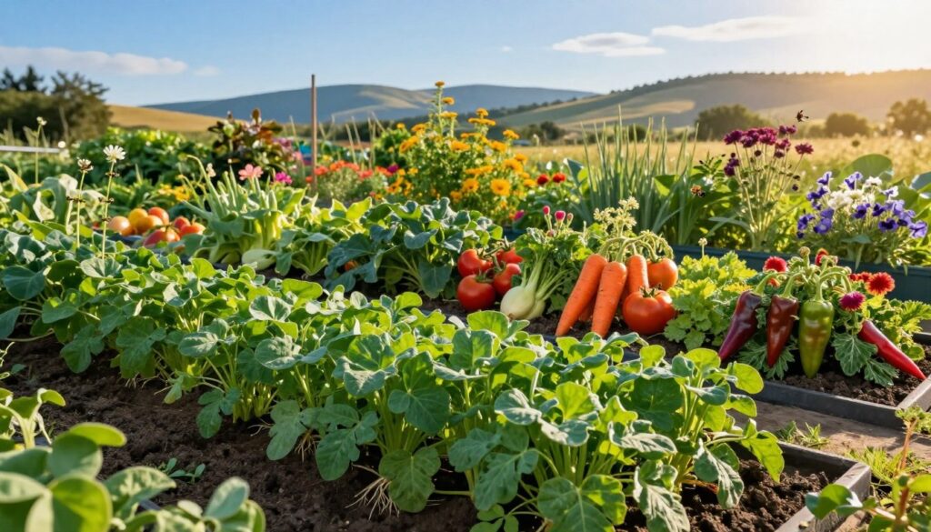 A vibrant garden scene showcasing poplony (cover crops) interspersed with various vegetables, emphasizing the concept of companion planting. In the foreground, colorful rows of lush green poplony plants, such as clover and vetch, display their nitrogen-fixing root systems. In the middle ground, diverse vegetables like tomatoes, carrots, and peppers grow harmoniously, surrounded by flowering herbs attracting pollinators. The background features a serene landscape with rolling hills and a clear blue sky, with warm, golden sunlight illuminating the entire scene. Shot from a slightly elevated angle to capture the full richness of the garden layout, evoking a sense of harmony and fertility in the agricultural practices. A peaceful, inviting atmosphere encourages the viewer to appreciate the interconnectedness of plant life.