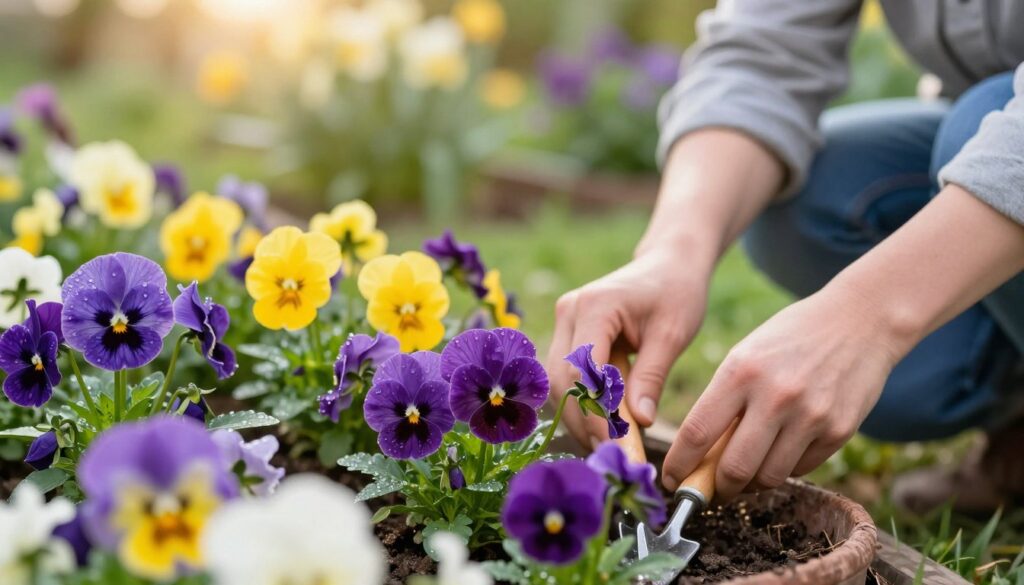 A vibrant garden scene showcasing the care of blooming pansies (bratki) in full color. In the foreground, a person in modest casual attire gently tending to the pansies, using gardening tools with a joyful expression. The middle ground features a variety of healthy pansies in vivid purples, yellows, and whites, their petals glistening with early morning dew. The background includes a lightly blurred garden filled with flourishing green foliage under a soft, warm sunlight, creating a serene atmosphere. Use a shallow depth of field to focus on the gardener and flowers, capturing the intricate details of the pansies. The overall mood is uplifting and tranquil, embodying the joy of nurturing plants during their blooming period.