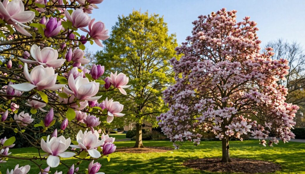 A vibrant garden showcasing several fast-growing varieties of magnolia trees, with their stunning blossoms in shades of pink, white, and purple. In the foreground, a close-up of lush magnolia flowers, highlighting their intricate petal structure and glossy green leaves. The middle ground includes a variety of magnolia trees at different growth stages, illustrating their height and lush foliage, complemented by sunlight filtering through the branches, creating a warm and inviting atmosphere. In the background, a blur of a manicured lawn and a clear blue sky enhancing the serene setting. The image should evoke a sense of growth and beauty, with soft, natural lighting to accentuate the flowers' vivid colors and textures, captured from a low angle to emphasize their impressive heights.