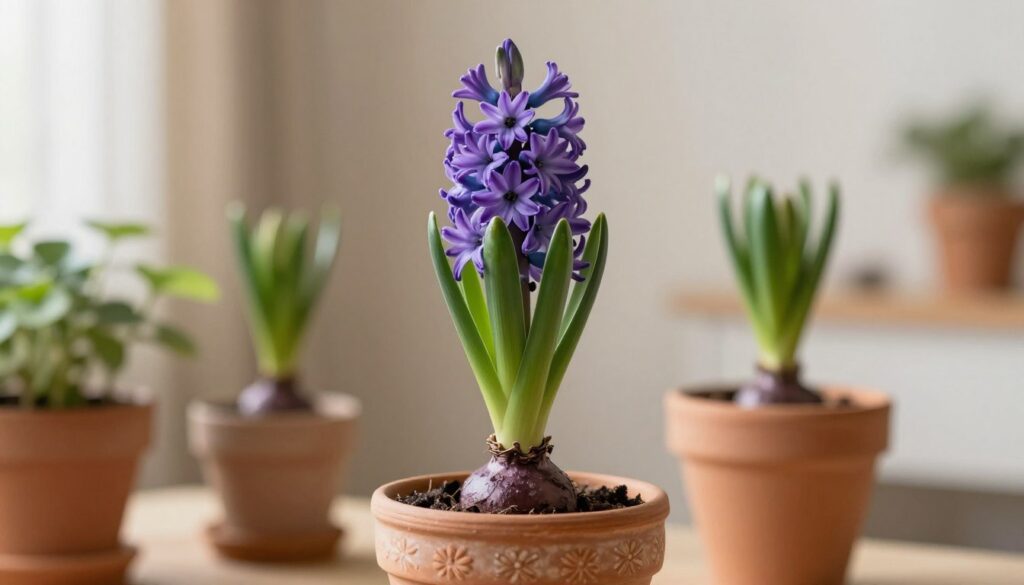 A vibrant hyacinth in a decorative pot, showcasing its lush green leaves and rich purple blossoms, prominently positioned in the foreground. The pot is crafted from terracotta, featuring intricate designs that enhance its rustic charm. In the middle ground, softly blurred, there are more potted plants, hinting at a cozy indoor gardening space. The background is a warm, softly lit room with sunlight filtering through sheer curtains, creating a tranquil atmosphere. The focus captures intricate details of the flower petals and leaf textures, with a shallow depth of field to emphasize the hyacinth. The overall mood is serene and inviting, perfect for illustrating post-bloom care for the plant.