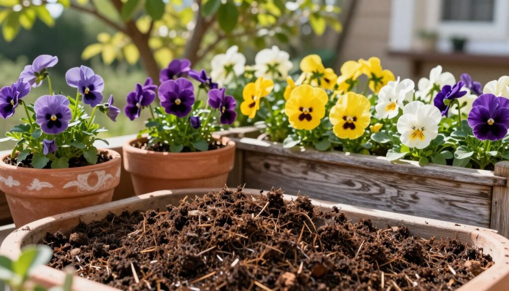 A vibrant mix of potting soil and organic compost is displayed prominently in the foreground, showcasing its rich, dark texture. In the middle ground, lush, colorful pansies burst forth in various shades of purple, yellow, and white, flourishing in decorative terracotta pots and rustic wooden balcony boxes. The background features a serene garden setting with soft sunlight filtering through leafy trees, creating dappled shadows. The atmosphere is bright and inviting, evoking a sense of growth and life. The scene is captured with a slight depth of field, accentuating the flowers and soil while gently blurring the background. This image reflects the essence of a flourishing balcony garden, ideal for bountiful blooms.