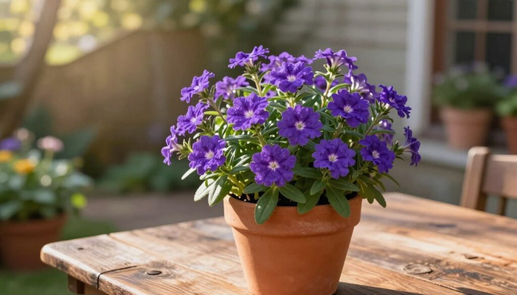 A vibrant pot of blooming verbena with lush purple flowers, placed prominently in the foreground, showcasing healthy foliage. The pot is terracotta, set on a rustic wooden table, highlighting the texture and earthy tones. In the middle ground, hints of green leaves emerge, providing a sense of fullness and vitality to the scene. The background features soft-focus elements of a cozy garden setting, with dappled sunlight streaming through trees, creating an inviting atmosphere. The image is shot from a slightly elevated angle to capture both the pot and the surrounding environment, enhancing depth. The lighting is warm, creating a peaceful, serene mood ideal for illustrating the care of verbena in pots during the winter months.