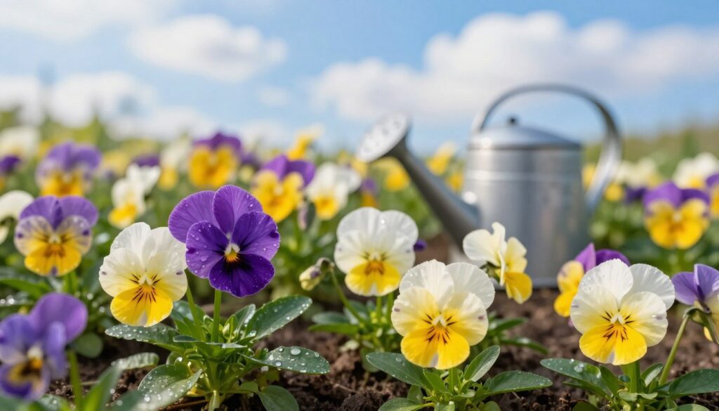 A vibrant spring landscape, filled with blooming pansies in bright purple, yellow, and white hues, situated in a well-kept garden. The foreground features lush green leaves and dew-kissed petals, glistening under the soft morning sunlight. In the middle ground, a gentle watering can is placed next to the pansies, suggesting the act of caregiving. The background showcases a clear blue sky with fluffy white clouds, symbolizing the fresh and rejuvenating essence of spring. The atmosphere is calm and cheerful, evoking a sense of growth and renewal. Use warm, natural lighting to highlight the colors, and employ a shallow depth of field to draw attention to the flowers in the foreground, creating an inviting and picturesque scene.