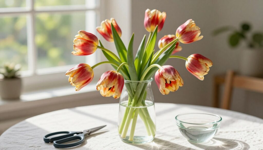 A vibrant still life depicting wilting tulips in a clear glass vase, showcasing their drooping petals and stems, symbolizing the essence of "first aid" for flowers. The vase is placed on a soft, textured white tablecloth, with gentle morning light streaming in from a nearby window, casting delicate shadows. In the background, a blurred garden setting with hints of green foliage creates a tranquil atmosphere. A pair of gardening scissors and a small bowl of fresh water are positioned beside the vase, hinting at the rejuvenation process. The composition is warm and inviting, emphasizing hope and renewal, perfect for an article on reviving tired flowers. The focus is sharp on the tulips, with a shallow depth of field enhancing the overall softness of the scene.