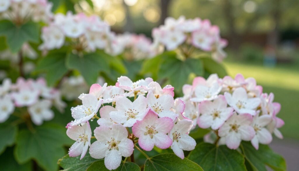 A vivid close-up of blooming viburnum flowers, showcasing their intricate white to pink clusters. The foreground captures delicate blossoms with soft petals, glistening in morning dew, revealing intricate details of the stamens and pistils. In the middle ground, lush green leaves frame the flowers, hinting at the vibrant fresh leaves typical of spring. The background features a blurred garden setting, with dappled sunlight filtering through trees, creating a warm and serene atmosphere. The lighting should be soft and natural, mimicking early morning light to enhance the flowers' colors. Utilize a shallow depth of field to emphasize the blooms while maintaining a gentle bokeh effect in the background, evoking a peaceful, inviting scene.