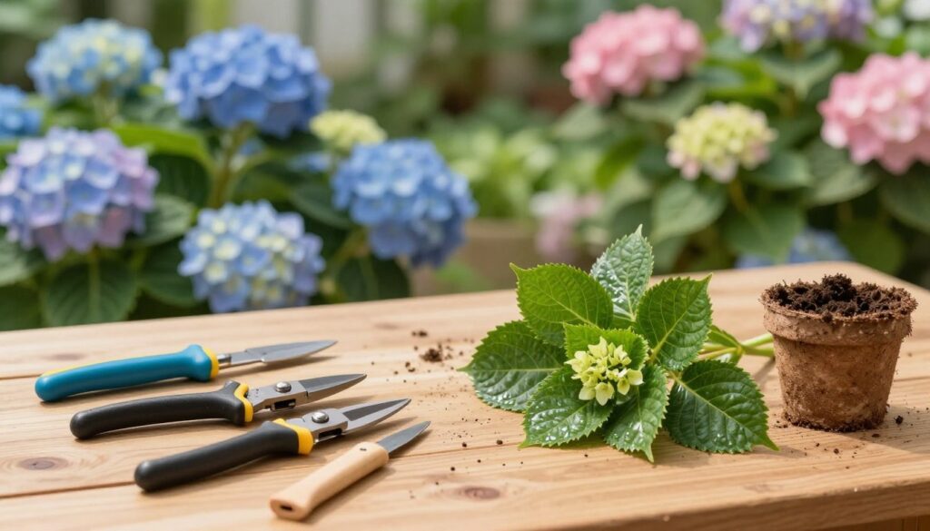 A well-organized gardening workspace showcasing tools for propagating hydrangeas. In the foreground, a wooden table displays essential gardening tools: sharp pruners, grafting knives, and a small pot of soil. Nearby, vibrant green hydrangea cuttings are carefully arranged, their delicate leaves glistening under natural sunlight. In the background, a lush garden setting flourishes with blooming hydrangeas in various shades of blue and pink, creating a harmonious atmosphere. Soft, diffused light enhances the serene mood, emphasizing the focus on preparation and care. A close-up angle highlights the textural details of the tools and plants, conveying an inviting and professional gardening ambiance.