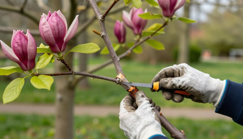 An instructional scene depicting the process of bark grafting a magnolia tree. In the foreground, a pair of hands, wearing garden gloves, carefully perform a precise bark incision on a healthy magnolia branch. The hands are steady, with a grafting knife beside them, highlighting the meticulous technique. The middle ground features a thriving magnolia tree, showcasing lush green leaves and vivid pink flowers, symbolizing successful grafting potential. The background is a serene garden setting with soft, diffused sunlight filtering through trees, creating a warm atmosphere. The focus is on the grafting process, emphasizing detail and clarity, with a shallow depth of field to keep the viewer's attention on the task at hand.