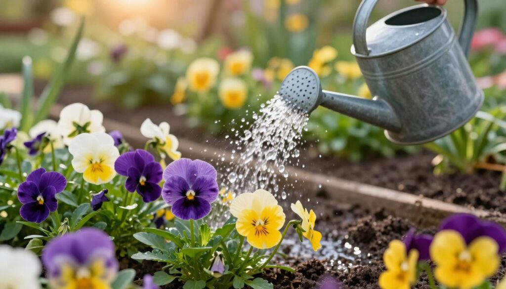 Close-up view of colorful pansies (bratki) in a lush garden, being gently watered from a vintage-style watering can. In the foreground, vibrant purple, yellow, and white flowers are in full bloom, surrounded by healthy green foliage. The middle ground features a garden bed with rich, dark soil, and tiny droplets of water catching the sunlight as they fall on the flowers. The background showcases a soft, blurred backdrop of a sunny day, with hints of other plants and flowers adding depth. The lighting is warm and inviting, creating a serene and nurturing atmosphere that conveys the care necessary to ensure the pansies thrive and bloom beautifully.
