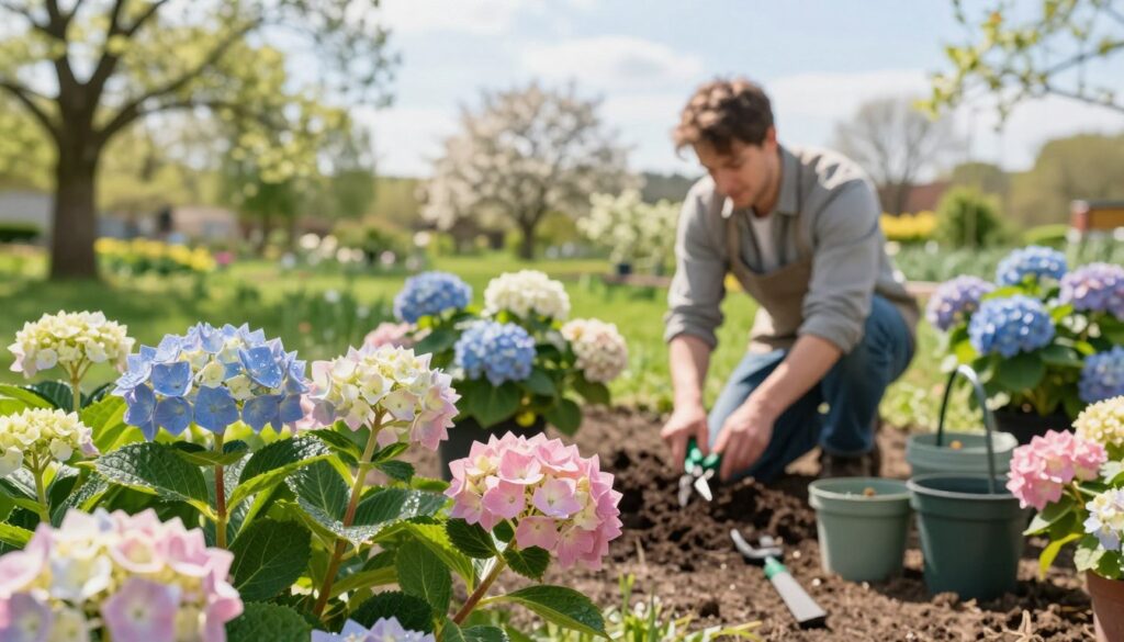 Early spring garden scene in Poland, showcasing a variety of blooming hydrangeas in soft pastel colors like pink, blue, and white. In the foreground, focus on freshly budding hydrangea plants with dew glistening on their leaves. The midground features an inviting potting area with a gardener in modest casual clothing, gently tending to the plants, using gardening tools such as pruners and pots filled with soil. The background reveals a lush green landscape with budding trees and a clear sky, indicating pleasant weather. Soft, warm sunlight bathes the scene, creating a serene and hopeful atmosphere that embodies the essence of early spring gardening. The composition is balanced, with a slight depth of field to emphasize the foreground hydrangeas while keeping the gardener and background in gentle focus.