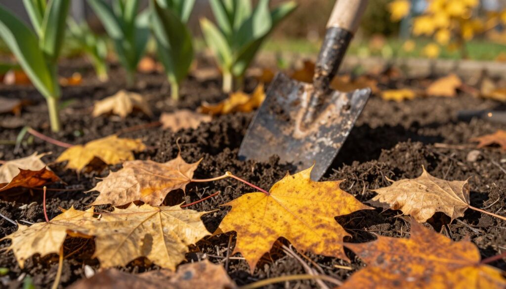 Golden, wilted leaves scattered on the ground, showcasing the natural process of "leaf yellowing" in autumn. In the foreground, crisp, delicate leaves with shades of burnt orange and faded yellow, displaying intricate veining and texture. In the middle ground, a trowel partially buried in rich, dark soil, hinting at the act of diligently harvesting tulip bulbs. The background features a soft-focus of a garden with blurred green stems and hints of other autumn foliage. Warm, golden sunlight filters through, casting gentle shadows and enhancing the cozy, serene atmosphere of the scene. The composition captures the essence of a well-tended garden transitioning to fall, highlighting the importance of timely bulb harvesting.