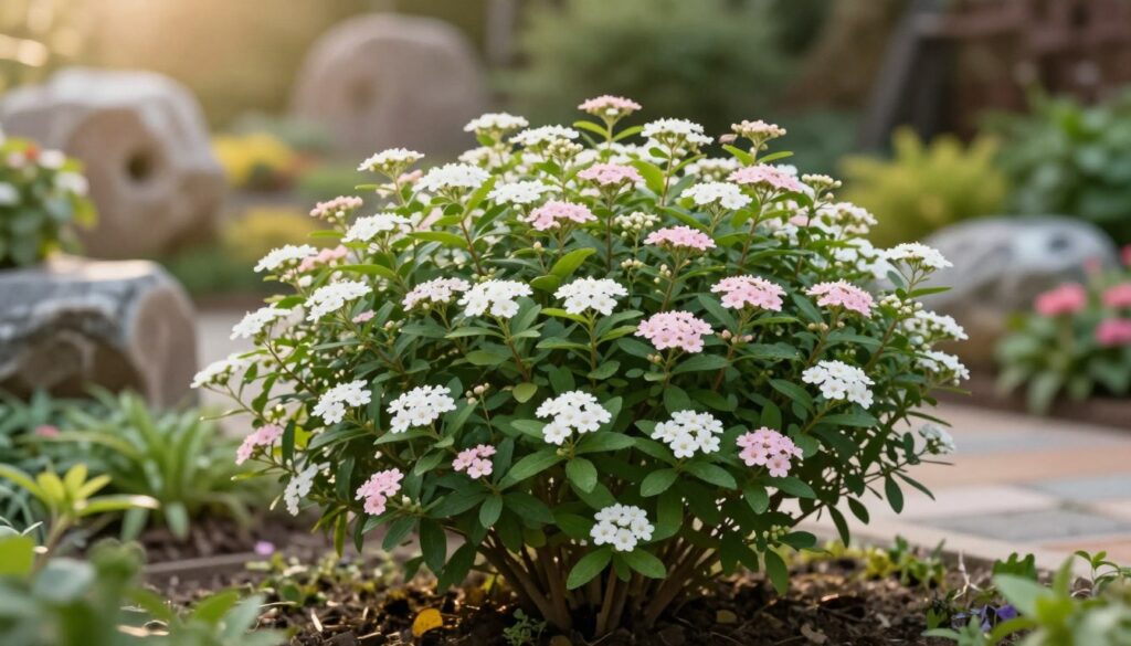 Japanese spiraea bush, showcasing its graceful, rounded form and lush green leaves in the foreground, with clusters of delicate white to pale pink flowers gently blooming. The plant is depicted in a small garden setting, emphasizing its suitability for compact spaces. In the middle ground, a softly blurred background of vibrant garden elements like ornamental stones and subtle other plants adds depth. Warm, natural lighting casts a gentle glow, enhancing the serene atmosphere, while a slight bokeh effect emphasizes the focus on the spiraea. The angle is slightly overhead, providing a comprehensive view of the bush's structure and growth pattern, reflecting its growth rate and overall character.