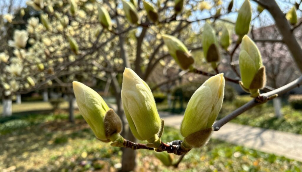 Magnolia flower buds in vivid detail, showcasing delicate, tightly packed blossoms about to bloom. In the foreground, several prominent flower buds are gracefully perched on lush green branches, their soft, velvety textures illuminated by gentle sunlight. The middle ground features a backdrop of blurred, softly focused magnolia trees, with hints of already blossomed flowers adding depth. The background showcases a serene garden setting, dappled with sunlight filtering through leaves, evoking a tranquil atmosphere. The light is warm and natural, capturing the essence of early spring, while the angle is slightly above eye level, providing a clear view of the buds against a softly blurred environment. The overall mood conveys anticipation and the delicate beauty of nature. Magnolia flower buds in vivid detail, showcasing delicate, tightly packed blossoms about to bloom. In the foreground, several prominent flower buds are gracefully perched on lush green branches, their soft, velvety textures illuminated by gentle sunlight. The middle ground features a backdrop of blurred, softly focused magnolia trees, with hints of already blossomed flowers adding depth. The background showcases a serene garden setting, dappled with sunlight filtering through leaves, evoking a tranquil atmosphere. The light is warm and natural, capturing the essence of early spring, while the angle is slightly above eye level, providing a clear view of the buds against a softly blurred environment. The overall mood conveys anticipation and the delicate beauty of nature.
