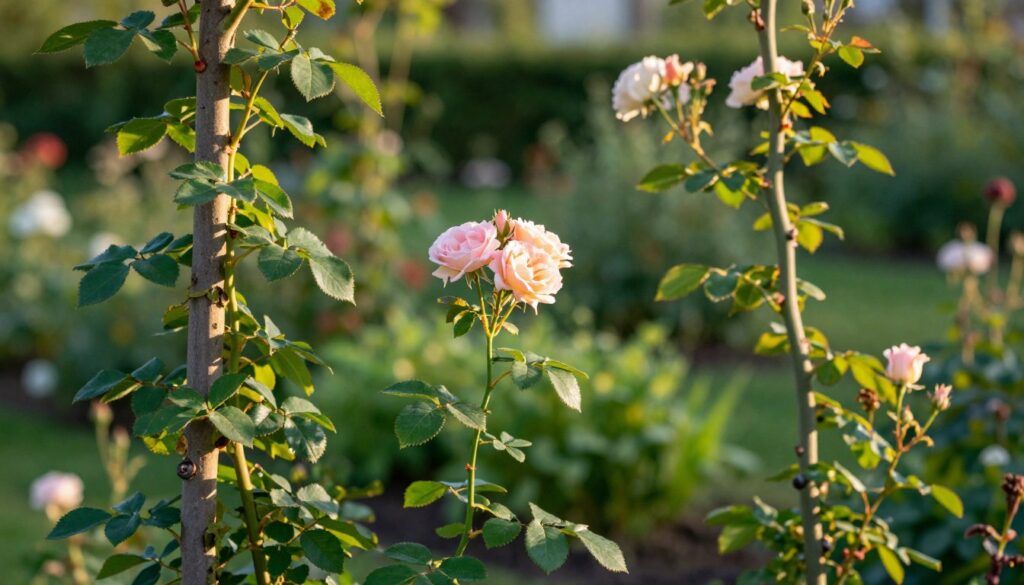 Rose climbing plants in a lush garden setting, showcasing three distinct types: sturdy, upright stems, soft, flexible canes, and varieties that bloom once. In the foreground, focus on a close-up of the different stems with detailed textures: the robust, rigid stems on the left, the delicate, bending canes on the right, and a single flower cluster from the once-blooming variety in the center. Soft morning light illuminates the scene, casting gentle shadows and enhancing the vibrant colors of the leaves and blooms. A blurred background of greenery provides depth, creating a tranquil and educational atmosphere, ideal for understanding the characteristics of climbing roses. The image captures both the beauty and the care required in rose gardening, inviting readers to explore further.
