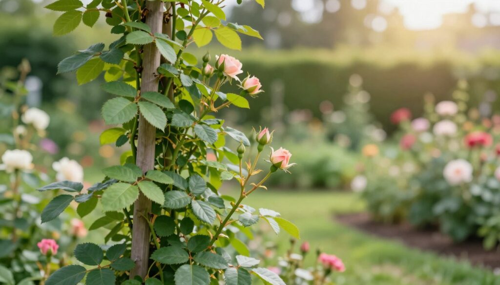 Roses climbing on a trellis, showcasing healthy new shoots and vibrant green foliage. In the foreground, focus on the newly pruned stems, demonstrating care and structure, with soft, sunlight filtering through the leaves, creating a warm and inviting atmosphere. The middle layer reveals the trellis entwined with the roses, adorned with fresh buds ready to bloom, symbolizing the process of nurturing after pruning. The background features a serene garden setting, slightly blurred for depth, with other flowering plants enhancing the beauty of the scene. A soft focus lens effect gives the image a dreamy quality, evoking a sense of growth and rejuvenation in a well-kept garden space.