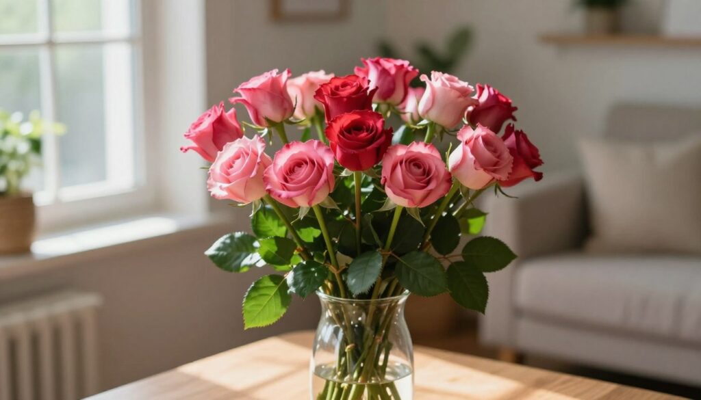 A beautiful arrangement of freshly cut roses in a clear glass vase, prominently displayed in the foreground. The roses are in full bloom, showcasing vibrant shades of pink and red, with lush green leaves providing contrast. The vase sits on a wooden table, with soft natural light streaming in from a nearby window, creating gentle reflections and highlighting the textures of the petals and leaves. In the middle background, a soft focus of a cozy, inviting room enhances the atmosphere, with hints of greenery and soft textiles. The overall mood is serene and nurturing, suggesting care and attention for the roses, while subtly hinting at the importance of proper maintenance to prolong their freshness. A beautiful arrangement of freshly cut roses in a clear glass vase, prominently displayed in the foreground. The roses are in full bloom, showcasing vibrant shades of pink and red, with lush green leaves providing contrast. The vase sits on a wooden table, with soft natural light streaming in from a nearby window, creating gentle reflections and highlighting the textures of the petals and leaves. In the middle background, a soft focus of a cozy, inviting room enhances the atmosphere, with hints of greenery and soft textiles. The overall mood is serene and nurturing, suggesting care and attention for the roses, while subtly hinting at the importance of proper maintenance to prolong their freshness.