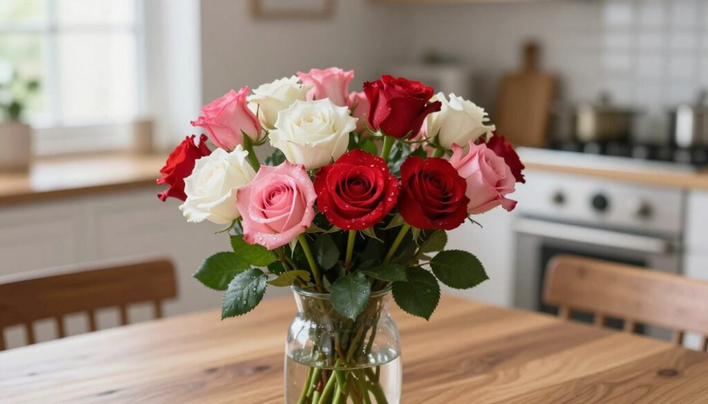 A beautiful arrangement of roses in a clear glass vase, showcasing a vibrant mix of red, pink, and white blooms. The foreground features the vase filled with fresh roses, glistening with droplets of water, symbolizing their freshness. In the middle, an elegant wooden table provides a warm contrast, accentuating the colors of the flowers. The background is softly blurred, featuring hints of a stylish, well-lit kitchen with natural light streaming through a window, creating a serene and inviting atmosphere. Use soft, natural lighting to highlight the delicate textures of the rose petals and the reflective surface of the vase, capturing the essence of care and attention needed to keep roses fresh every day. A beautiful arrangement of roses in a clear glass vase, showcasing a vibrant mix of red, pink, and white blooms. The foreground features the vase filled with fresh roses, glistening with droplets of water, symbolizing their freshness. In the middle, an elegant wooden table provides a warm contrast, accentuating the colors of the flowers. The background is softly blurred, featuring hints of a stylish, well-lit kitchen with natural light streaming through a window, creating a serene and inviting atmosphere. Use soft, natural lighting to highlight the delicate textures of the rose petals and the reflective surface of the vase, capturing the essence of care and attention needed to keep roses fresh every day.