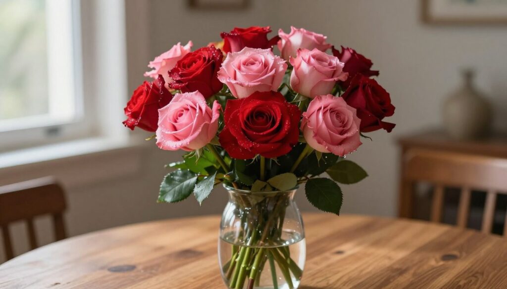 A beautiful bouquet of vibrant roses in a clear glass vase, positioned elegantly on a wooden table. In the foreground, the roses are lush and full of rich colors, ranging from deep reds to soft pinks. Water droplets bead on the petals, suggesting freshness and vitality. The middle ground features the glass vase with delicate reflections, accentuating the beauty of the blooms. Soft, natural light filters in from a nearby window, creating a warm atmosphere and gentle shadows. In the background, a softly blurred interior scene showcases muted, earthy tones, enhancing the focus on the roses. The overall mood is serene and inviting, inspiring a sense of tranquility ideal for a home setting. A beautiful bouquet of vibrant roses in a clear glass vase, positioned elegantly on a wooden table. In the foreground, the roses are lush and full of rich colors, ranging from deep reds to soft pinks. Water droplets bead on the petals, suggesting freshness and vitality. The middle ground features the glass vase with delicate reflections, accentuating the beauty of the blooms. Soft, natural light filters in from a nearby window, creating a warm atmosphere and gentle shadows. In the background, a softly blurred interior scene showcases muted, earthy tones, enhancing the focus on the roses. The overall mood is serene and inviting, inspiring a sense of tranquility ideal for a home setting.