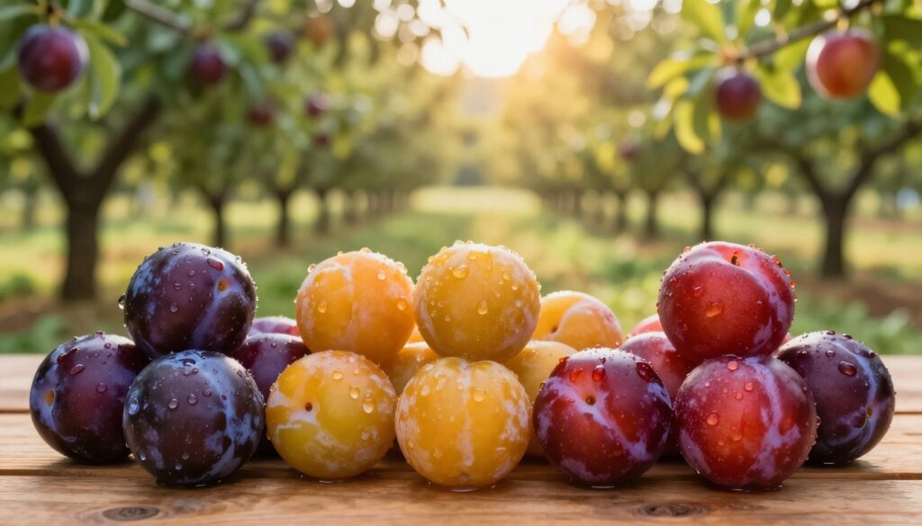 A beautiful collection of popular plum varieties, displayed prominently in the foreground on a wooden table. Each plum should reflect its unique characteristics: deep purple, golden amber, and rich red, with glistening droplets of water from recent rainfall. In the middle ground, suggestive hints of lush green plum trees laden with ripe fruit can be seen, creating a vibrant harmonious setting. The background should feature a soft-focus of a sunlit orchard, casting a warm golden glow that evokes the feeling of harvest time. The lighting is natural and bright, suggesting late afternoon sunlight, enhancing the vivid colors of the plums. This image conveys a sense of abundance and the joy of the plum season.