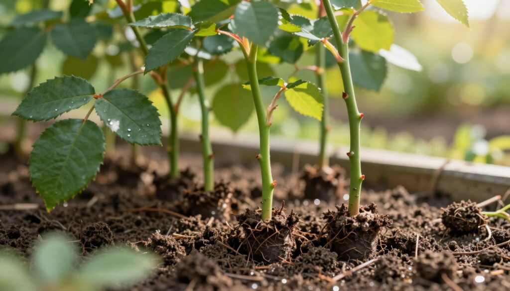 A beautiful, detailed close-up of rose layering techniques, showcasing vibrant green stems bent down into the soil, where healthy rose cuttings are securely nestled and ready for rooting. The foreground focuses on the lush, dark green leaves of the roses, emphasizing their freshness, while the middle ground features the earth with visible surrounding soil and a subtle shimmer of water droplets, highlighting humidity which indicates a nurturing environment. The background is softly out of focus, depicting a sunny garden setting with gentle sunlight filtering through green foliage, creating a warm and inviting atmosphere. Capture this scene with a soft depth of field to give a serene and professional feel, suggesting a successful propagation process and the beauty of gardening. A beautiful, detailed close-up of rose layering techniques, showcasing vibrant green stems bent down into the soil, where healthy rose cuttings are securely nestled and ready for rooting. The foreground focuses on the lush, dark green leaves of the roses, emphasizing their freshness, while the middle ground features the earth with visible surrounding soil and a subtle shimmer of water droplets, highlighting humidity which indicates a nurturing environment. The background is softly out of focus, depicting a sunny garden setting with gentle sunlight filtering through green foliage, creating a warm and inviting atmosphere. Capture this scene with a soft depth of field to give a serene and professional feel, suggesting a successful propagation process and the beauty of gardening.