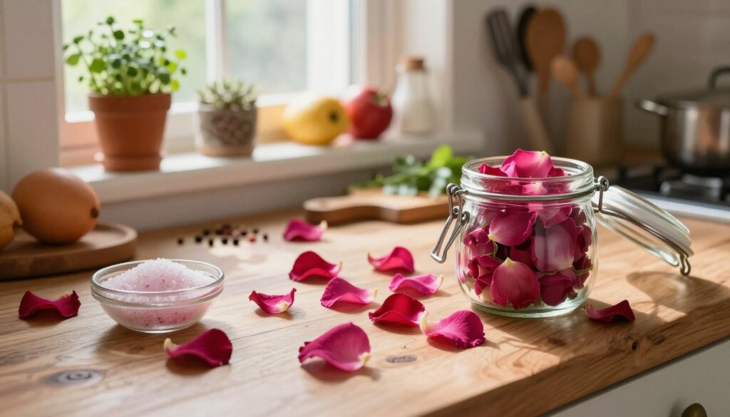 A beautiful kitchen scene featuring vibrant rose petals scattered delicately across a rustic wooden countertop. In the foreground, a glass jar filled with freshly picked rose petals sits alongside a small dish of rose-infused sugar. The middle ground showcases an array of culinary ingredients, including fruits, herbs, and spices, subtly hinting at their potential pairings with the rose petals. In the background, soft morning light floods through a window, highlighting potted herbs on a windowsill and vintage kitchen utensils. The mood is warm and inviting, evoking inspiration for culinary creativity. The camera angle is slightly elevated, capturing the depth of the kitchen while focusing on the rose petals to emphasize their beauty and versatility. A beautiful kitchen scene featuring vibrant rose petals scattered delicately across a rustic wooden countertop. In the foreground, a glass jar filled with freshly picked rose petals sits alongside a small dish of rose-infused sugar. The middle ground showcases an array of culinary ingredients, including fruits, herbs, and spices, subtly hinting at their potential pairings with the rose petals. In the background, soft morning light floods through a window, highlighting potted herbs on a windowsill and vintage kitchen utensils. The mood is warm and inviting, evoking inspiration for culinary creativity. The camera angle is slightly elevated, capturing the depth of the kitchen while focusing on the rose petals to emphasize their beauty and versatility.