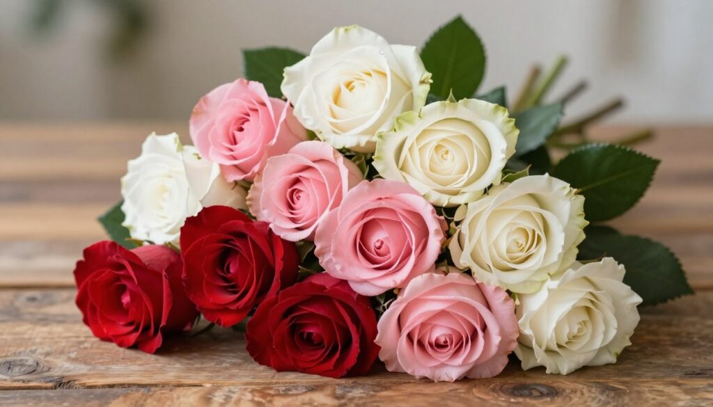 A beautifully arranged bouquet featuring a variety of roses, each displaying distinct colors symbolizing different meanings. In the foreground, vibrant red roses represent love, while soft pinks convey admiration. Ivory and white roses symbolize purity and innocence. The bouquet should be set against a softly blurred background of a rustic wooden table, with gentle natural lighting suffusing the scene, creating a warm and inviting atmosphere. Add delicate green leaves to enhance the freshness of the flowers, and consider a low-angle view that captures the bouquet's height and splendor. The mood should be romantic yet thoughtful, perfect for illustrating the significance of colors in a floral arrangement without any text or distractions. A beautifully arranged bouquet featuring a variety of roses, each displaying distinct colors symbolizing different meanings. In the foreground, vibrant red roses represent love, while soft pinks convey admiration. Ivory and white roses symbolize purity and innocence. The bouquet should be set against a softly blurred background of a rustic wooden table, with gentle natural lighting suffusing the scene, creating a warm and inviting atmosphere. Add delicate green leaves to enhance the freshness of the flowers, and consider a low-angle view that captures the bouquet's height and splendor. The mood should be romantic yet thoughtful, perfect for illustrating the significance of colors in a floral arrangement without any text or distractions.