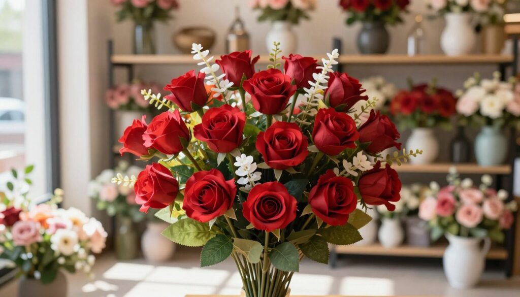 A beautifully arranged bouquet of artificial red roses, designed to look lifelike, centered in the foreground. The roses, various shades of deep and bright red, are complemented by lush green leaves and delicate accents of white flowers. The middle layer features a soft, blurred background with hints of a floral shop, including shelves lined with a variety of artificial flowers and decorative vases, creating a warm and inviting atmosphere. The lighting is bright and natural, as if sunlight is streaming through a nearby window, casting gentle shadows. The image should evoke a sense of professional floral artistry, with a focus on quality and elegance in floral design. A beautifully arranged bouquet of artificial red roses, designed to look lifelike, centered in the foreground. The roses, various shades of deep and bright red, are complemented by lush green leaves and delicate accents of white flowers. The middle layer features a soft, blurred background with hints of a floral shop, including shelves lined with a variety of artificial flowers and decorative vases, creating a warm and inviting atmosphere. The lighting is bright and natural, as if sunlight is streaming through a nearby window, casting gentle shadows. The image should evoke a sense of professional floral artistry, with a focus on quality and elegance in floral design.
