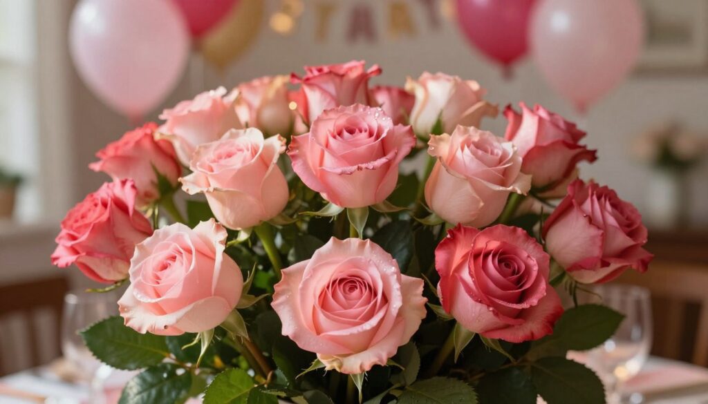 A beautifully arranged bouquet of assorted roses in various shades of pink and red, symbolizing love and celebration. In the foreground, focus on the vibrant blooms with delicate petals softly glistening under warm, natural daylight. The middle ground features elegant green foliage complementing the roses, while in the background, a softly blurred festive setting like a birthday party with balloons and decorations, enhancing the joyful atmosphere. The image should convey a sense of warmth and happiness, with soft lighting that creates a welcoming environment. Capture this scene from a slightly elevated angle, using a shallow depth of field to emphasize the flowers in the bouquet and evoke a feeling of intimacy. A beautifully arranged bouquet of assorted roses in various shades of pink and red, symbolizing love and celebration. In the foreground, focus on the vibrant blooms with delicate petals softly glistening under warm, natural daylight. The middle ground features elegant green foliage complementing the roses, while in the background, a softly blurred festive setting like a birthday party with balloons and decorations, enhancing the joyful atmosphere. The image should convey a sense of warmth and happiness, with soft lighting that creates a welcoming environment. Capture this scene from a slightly elevated angle, using a shallow depth of field to emphasize the flowers in the bouquet and evoke a feeling of intimacy.