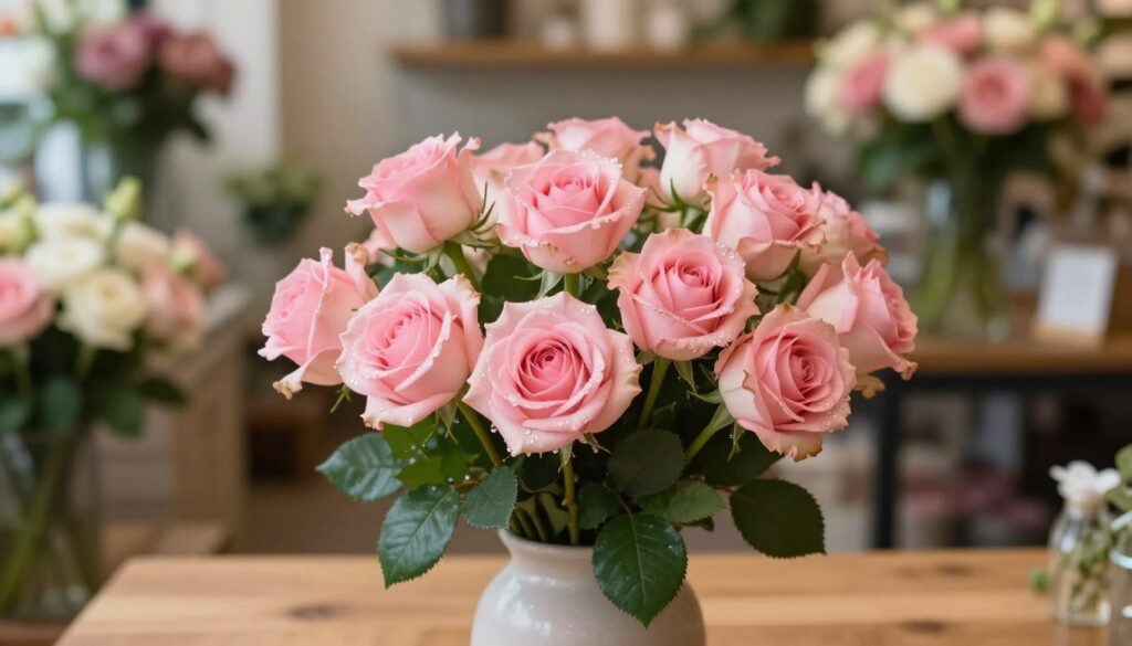 A beautifully arranged bouquet of pink roses in a simple, elegant vase, placed on a wooden table. The foreground features the rich textures of the rose petals with dew drops glistening in soft, natural light. In the middle ground, the delicate greens of the leaves complement the pink hues, creating a harmonious composition. The background shows a softly blurred florist shop setting, adorned with other floral arrangements, creating a warm and inviting atmosphere. The image is illuminated with soft, diffused lighting to evoke a sense of serenity and charm. A shallow depth of field focuses on the roses, inviting viewers to appreciate their beauty while hinting at the theme of cost-effectiveness in floral choices. A beautifully arranged bouquet of pink roses in a simple, elegant vase, placed on a wooden table. The foreground features the rich textures of the rose petals with dew drops glistening in soft, natural light. In the middle ground, the delicate greens of the leaves complement the pink hues, creating a harmonious composition. The background shows a softly blurred florist shop setting, adorned with other floral arrangements, creating a warm and inviting atmosphere. The image is illuminated with soft, diffused lighting to evoke a sense of serenity and charm. A shallow depth of field focuses on the roses, inviting viewers to appreciate their beauty while hinting at the theme of cost-effectiveness in floral choices.