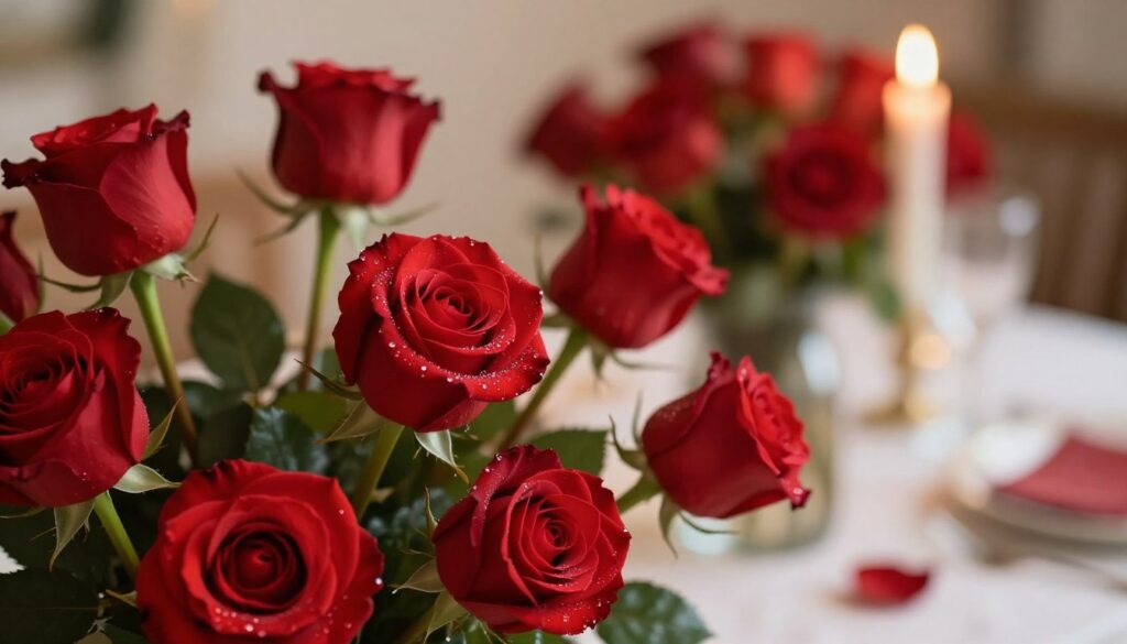 A beautifully arranged bouquet of red roses with varying shades, some in full bloom, others just beginning to open, symbolizing love and affection. The foreground features the rich textures of the rose petals with dew drops glistening in the soft, warm daylight. In the middle ground, a delicate glass vase reflects the roses, enhancing their vibrant colors. The background showcases a softly blurred romantic setting, perhaps a dining table with candlelight, creating an intimate atmosphere. The overall mood is warm and inviting, perfect for Valentine's Day. Use a shallow depth of field for a dreamy effect, highlighting the roses as the focal point, with gentle, diffused lighting to enhance their beauty and charm. A beautifully arranged bouquet of red roses with varying shades, some in full bloom, others just beginning to open, symbolizing love and affection. The foreground features the rich textures of the rose petals with dew drops glistening in the soft, warm daylight. In the middle ground, a delicate glass vase reflects the roses, enhancing their vibrant colors. The background showcases a softly blurred romantic setting, perhaps a dining table with candlelight, creating an intimate atmosphere. The overall mood is warm and inviting, perfect for Valentine's Day. Use a shallow depth of field for a dreamy effect, highlighting the roses as the focal point, with gentle, diffused lighting to enhance their beauty and charm.