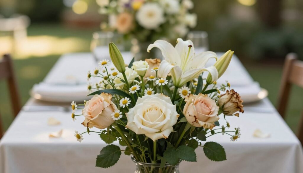 A beautifully arranged bouquet of various flowers, including roses, lilies, and daisies, positioned prominently in the foreground, with several flowers showing subtle signs of wilting or discoloration, symbolizing hidden pitfalls. In the middle ground, a softly focused table setting with a vase emphasizes the theme of gift-giving, surrounded by scattered petals that create a sense of caution. The background features a softly blurred outdoor garden atmosphere, with warm sunlight filtering through the leaves, creating a calming yet reflective mood. The image is captured with a shallow depth of field to highlight the bouquet, using natural lighting to evoke a serene yet contemplative ambiance. The overall composition should evoke a sense of awareness about the deeper meanings of flowers while remaining aesthetically pleasing and inviting. A beautifully arranged bouquet of various flowers, including roses, lilies, and daisies, positioned prominently in the foreground, with several flowers showing subtle signs of wilting or discoloration, symbolizing hidden pitfalls. In the middle ground, a softly focused table setting with a vase emphasizes the theme of gift-giving, surrounded by scattered petals that create a sense of caution. The background features a softly blurred outdoor garden atmosphere, with warm sunlight filtering through the leaves, creating a calming yet reflective mood. The image is captured with a shallow depth of field to highlight the bouquet, using natural lighting to evoke a serene yet contemplative ambiance. The overall composition should evoke a sense of awareness about the deeper meanings of flowers while remaining aesthetically pleasing and inviting.