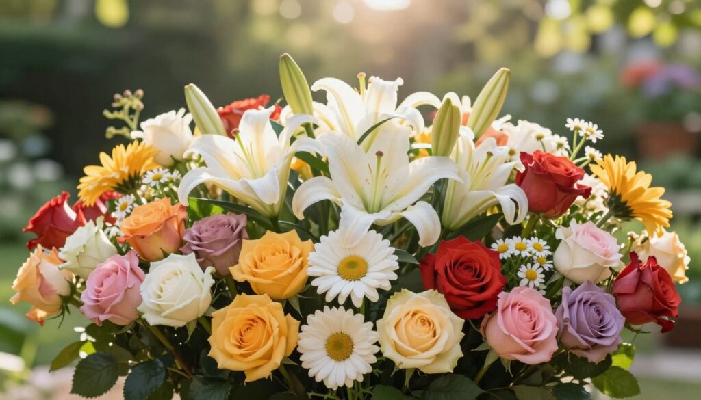 A beautifully arranged bouquet of various flowers prominently displayed in the foreground, emphasizing the significance of flower quantity. The bouquet includes differently colored roses, lilies, and daisies, artistically arranged with varying heights to create depth. The middle ground features a soft, blurred background of a tranquil garden setting, with hints of lush greenery that softly diffuse the light. A gentle sunlight illuminates the scene, casting a warm glow over the flowers, enhancing their vivid colors. The mood is celebratory and joyful, suggesting the importance of choosing the right number of flowers for special occasions. The camera angle is slightly above eye level, providing a comprehensive view of the bouquet, ensuring the image feels inviting and engaging. A beautifully arranged bouquet of various flowers prominently displayed in the foreground, emphasizing the significance of flower quantity. The bouquet includes differently colored roses, lilies, and daisies, artistically arranged with varying heights to create depth. The middle ground features a soft, blurred background of a tranquil garden setting, with hints of lush greenery that softly diffuse the light. A gentle sunlight illuminates the scene, casting a warm glow over the flowers, enhancing their vivid colors. The mood is celebratory and joyful, suggesting the importance of choosing the right number of flowers for special occasions. The camera angle is slightly above eye level, providing a comprehensive view of the bouquet, ensuring the image feels inviting and engaging.