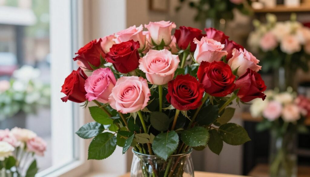 A beautifully arranged bouquet of vibrant, freshly cut roses in various shades of red and pink, showcasing their delicate petals and lush green leaves. The foreground features the bouquet in an elegant glass vase, adorned with subtle water droplets to convey freshness. In the middle ground, soft natural light filters through a nearby window, highlighting the roses and creating gentle shadows. The background is a softly blurred floral shop interior with hints of other flowers and greens, enhancing the atmosphere of a welcoming floral boutique. The scene evokes a sense of warmth and beauty, capturing the essence of a luxury flower arrangement suitable for a special occasion. A beautifully arranged bouquet of vibrant, freshly cut roses in various shades of red and pink, showcasing their delicate petals and lush green leaves. The foreground features the bouquet in an elegant glass vase, adorned with subtle water droplets to convey freshness. In the middle ground, soft natural light filters through a nearby window, highlighting the roses and creating gentle shadows. The background is a softly blurred floral shop interior with hints of other flowers and greens, enhancing the atmosphere of a welcoming floral boutique. The scene evokes a sense of warmth and beauty, capturing the essence of a luxury flower arrangement suitable for a special occasion.