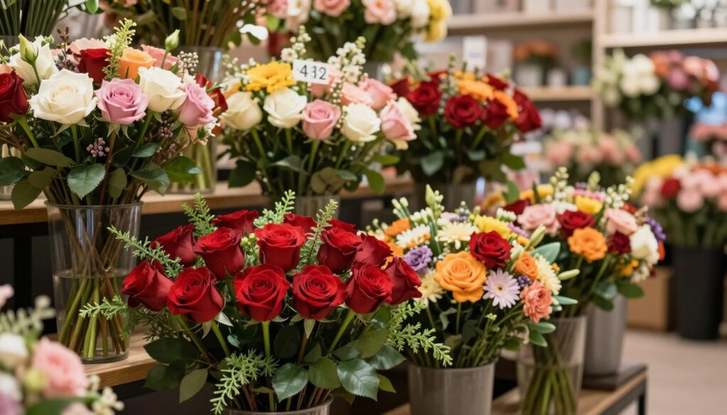 A beautifully arranged display of various floral bouquets featuring roses, showcasing different price categories and composition styles. In the foreground, prominently exhibit a luxurious bouquet of deep red roses with elegant greenery, contrasted with an affordable arrangement of vibrant mixed flowers in a simple vase. In the middle ground, include a selection of mid-priced bouquets, arranged in an appealing manner, encompassing a diverse range of colors and styles. The background should be softly blurred with a charming floral shop setting, enhancing the ambiance. Illuminate the scene with warm, natural lighting to evoke a welcoming atmosphere. A low-angle perspective captures the bouquets in detail, emphasizing texture and color while maintaining an air of professionalism and sophistication. A beautifully arranged display of various floral bouquets featuring roses, showcasing different price categories and composition styles. In the foreground, prominently exhibit a luxurious bouquet of deep red roses with elegant greenery, contrasted with an affordable arrangement of vibrant mixed flowers in a simple vase. In the middle ground, include a selection of mid-priced bouquets, arranged in an appealing manner, encompassing a diverse range of colors and styles. The background should be softly blurred with a charming floral shop setting, enhancing the ambiance. Illuminate the scene with warm, natural lighting to evoke a welcoming atmosphere. A low-angle perspective captures the bouquets in detail, emphasizing texture and color while maintaining an air of professionalism and sophistication.