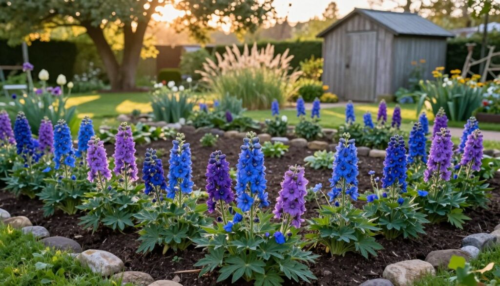 A beautifully arranged garden scene showcasing a perfect planting site for larkspur (lewkonia długopłatkowa). In the foreground, vibrant clusters of larkspur flowers in shades of blue and purple, with lush green foliage enveloping them. The middle ground features a well-tended garden bed with rich, dark soil, surrounded by decorative stone borders. A soft sunlight filters through the leaves of nearby trees, creating dappled patterns on the ground, enhancing the inviting atmosphere. In the background, a serene view of a rustic garden shed and gently swaying grasses adds depth. The mood is peaceful and uplifting, embodying the essence of a fragrant evening garden. Capture this scene using a soft-focus lens to emphasize the colors and textures, aiming for a warm, golden-hour light. A beautifully arranged garden scene showcasing a perfect planting site for larkspur (lewkonia długopłatkowa). In the foreground, vibrant clusters of larkspur flowers in shades of blue and purple, with lush green foliage enveloping them. The middle ground features a well-tended garden bed with rich, dark soil, surrounded by decorative stone borders. A soft sunlight filters through the leaves of nearby trees, creating dappled patterns on the ground, enhancing the inviting atmosphere. In the background, a serene view of a rustic garden shed and gently swaying grasses adds depth. The mood is peaceful and uplifting, embodying the essence of a fragrant evening garden. Capture this scene using a soft-focus lens to emphasize the colors and textures, aiming for a warm, golden-hour light.