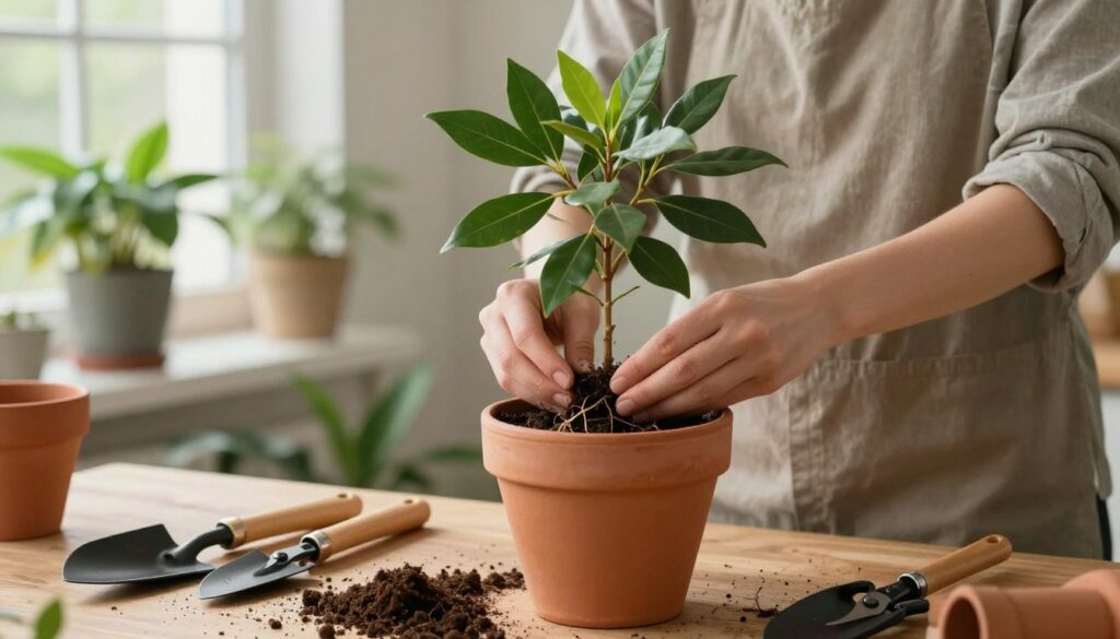 A beautifully arranged indoor scene featuring a person carefully repotting a healthy bay laurel plant (laurus nobilis) into a larger terracotta pot. In the foreground, the individual, dressed in modest casual clothing, gently holds the plant while dirt and roots are meticulously handled. The middle ground showcases various gardening tools like a trowel and pruning shears, along with a rich soil mix. The background includes a soft focus of green houseplants and natural light streaming through a window, creating a warm, inviting atmosphere. The overall mood is serene and dedicated, reflecting the nurturing care necessary for plant re-potting. A beautifully arranged indoor scene featuring a person carefully repotting a healthy bay laurel plant (laurus nobilis) into a larger terracotta pot. In the foreground, the individual, dressed in modest casual clothing, gently holds the plant while dirt and roots are meticulously handled. The middle ground showcases various gardening tools like a trowel and pruning shears, along with a rich soil mix. The background includes a soft focus of green houseplants and natural light streaming through a window, creating a warm, inviting atmosphere. The overall mood is serene and dedicated, reflecting the nurturing care necessary for plant re-potting.