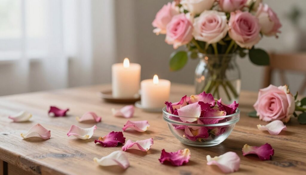 A beautifully arranged scene featuring delicate rose petals in various shades of pink and white, scattered artfully across a rustic wooden table. In the foreground, a small decorative glass bowl filled with a vibrant mix of dried rose petals catches the light, glimmering softly. The middle ground includes elegant candles and a charming bouquet of fresh roses in a vintage vase, creating a warm and inviting atmosphere. In the background, a softly blurred view of a cozy room with mild, natural light filtering through sheer curtains emphasizes the ambiance. The overall mood is romantic and serene, perfect for home decoration or special occasions, evoking a sense of tranquility and beauty. A beautifully arranged scene featuring delicate rose petals in various shades of pink and white, scattered artfully across a rustic wooden table. In the foreground, a small decorative glass bowl filled with a vibrant mix of dried rose petals catches the light, glimmering softly. The middle ground includes elegant candles and a charming bouquet of fresh roses in a vintage vase, creating a warm and inviting atmosphere. In the background, a softly blurred view of a cozy room with mild, natural light filtering through sheer curtains emphasizes the ambiance. The overall mood is romantic and serene, perfect for home decoration or special occasions, evoking a sense of tranquility and beauty.