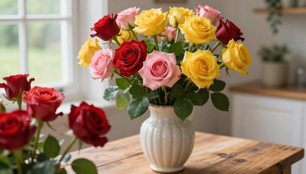 A beautifully arranged vase filled with vibrant, fresh roses showcasing an array of colors, including deep reds, soft pinks, and bright yellows. The foreground features a close-up of the roses, their petals glistening with morning dew, while leaves gently frame the blooms. In the middle, the vase, elegantly designed with a classic shape, sits on a rustic wooden table, illuminated by soft, natural light coming from a nearby window. The background hints at a bright and airy garden scene, softly blurred to enhance the foreground details. The atmosphere is serene and inviting, conveying a sense of rejuvenation and freshness, perfect for illustrating effective methods to revive flowers in a vase.