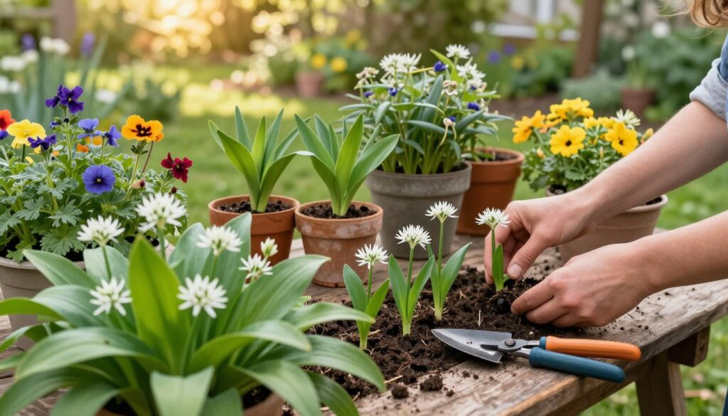 A beautifully detailed garden scene showcasing the care of wild garlic plants in various stages of growth. In the foreground, lush clusters of wild garlic with broad, green leaves and white flowers, meticulously tended with gardening tools such as a trowel and pruning shears. The middle ground features an assortment of pots housing young wild garlic plants, arranged on a rustic wooden table surrounded by vibrant herbaceous flowers. The background reveals a soft-focus garden landscape, with dappled sunlight filtering through the trees, creating a warm, inviting atmosphere. Use natural lighting to enhance the colors, capturing the essence of a serene spring day. The angle should be slightly elevated, providing a glimpse of the gardener's hands gently caring for the plants, emphasizing the nurturing aspect of gardening. A beautifully detailed garden scene showcasing the care of wild garlic plants in various stages of growth. In the foreground, lush clusters of wild garlic with broad, green leaves and white flowers, meticulously tended with gardening tools such as a trowel and pruning shears. The middle ground features an assortment of pots housing young wild garlic plants, arranged on a rustic wooden table surrounded by vibrant herbaceous flowers. The background reveals a soft-focus garden landscape, with dappled sunlight filtering through the trees, creating a warm, inviting atmosphere. Use natural lighting to enhance the colors, capturing the essence of a serene spring day. The angle should be slightly elevated, providing a glimpse of the gardener's hands gently caring for the plants, emphasizing the nurturing aspect of gardening.