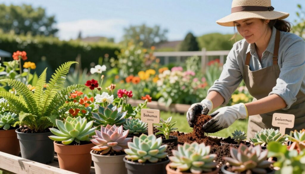 A bright and inviting garden scene focusing on various plant species being nurtured by natural fertilizers. In the foreground, a collection of vibrant potted plants showcasing a diversity of foliage, including ferns, succulents, and flowering species, with intricate labels indicating the type of biohumus suitable for each. The middle ground features a gardener wearing a sun hat and gloves, attentively adding a rich, dark organic fertilizer to the plants. In the background, a softly blurred landscape of a flourishing garden with blooming flowers and lush greenery under a clear blue sky. Natural sunlight illuminates the scene, creating a warm and uplifting atmosphere, while the shallow depth of field accentuates the focus on the plants and the caring gardener.