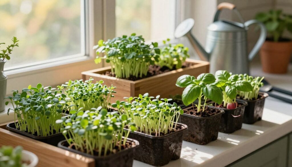 A bright kitchen windowsill filled with a variety of fresh sprouts and herbs. In the foreground, an assortment of small pots containing delicate green sprouts, such as alfalfa and radish, with a few vibrant basil and cilantro plants. In the middle ground, a wooden planter box filled with soil and rich greenery, alongside watering can and gardening tools. The background features a sunlit window, filtering warm, inviting light into the scene, casting soft shadows. The atmosphere is cozy and homely, evoking a sense of nurturing and growth, emphasizing the joy of cultivating herbs and microgreens at home. Use a shallow depth of field to focus on the plants, creating a sense of intimacy and warmth. A bright kitchen windowsill filled with a variety of fresh sprouts and herbs. In the foreground, an assortment of small pots containing delicate green sprouts, such as alfalfa and radish, with a few vibrant basil and cilantro plants. In the middle ground, a wooden planter box filled with soil and rich greenery, alongside watering can and gardening tools. The background features a sunlit window, filtering warm, inviting light into the scene, casting soft shadows. The atmosphere is cozy and homely, evoking a sense of nurturing and growth, emphasizing the joy of cultivating herbs and microgreens at home. Use a shallow depth of field to focus on the plants, creating a sense of intimacy and warmth.